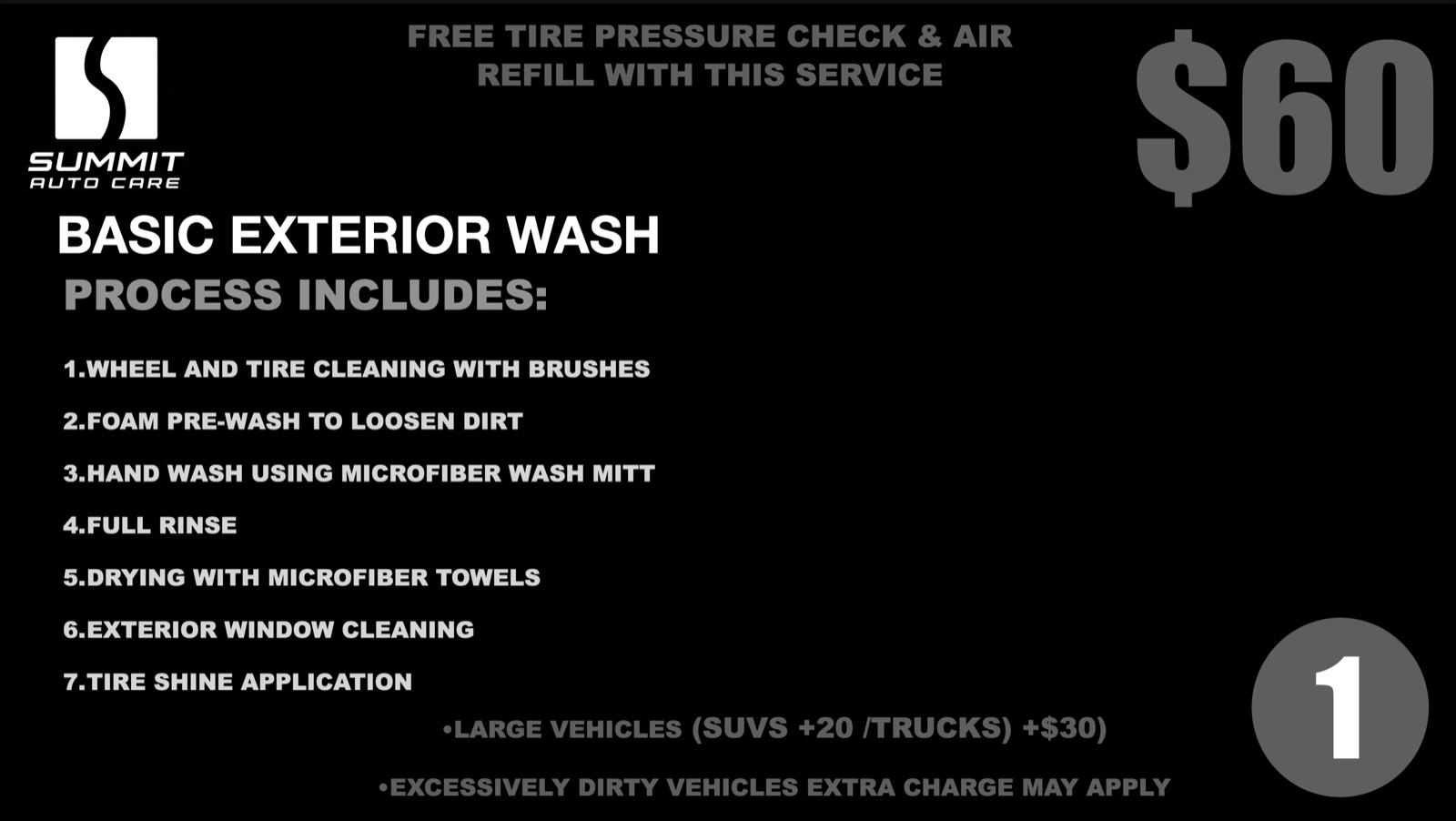 Service 1: Basic Exterior Wash, $60