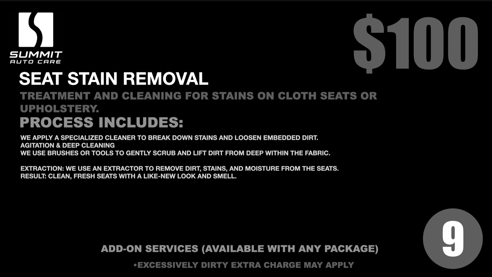 Service 9: Seat Stain Removal, $100