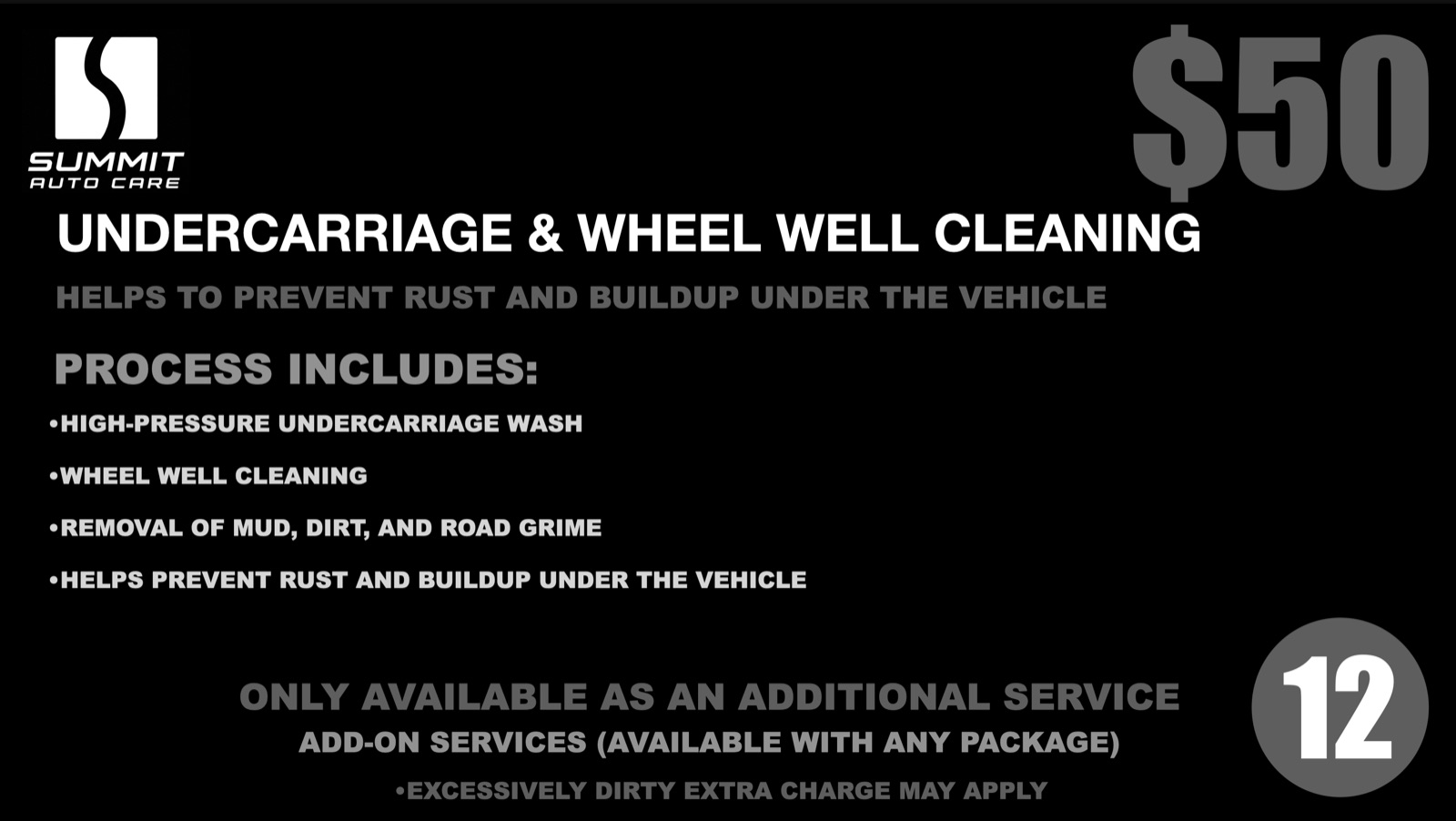 Service 12: Undercarriage and Wheel Well Cleaning, $50